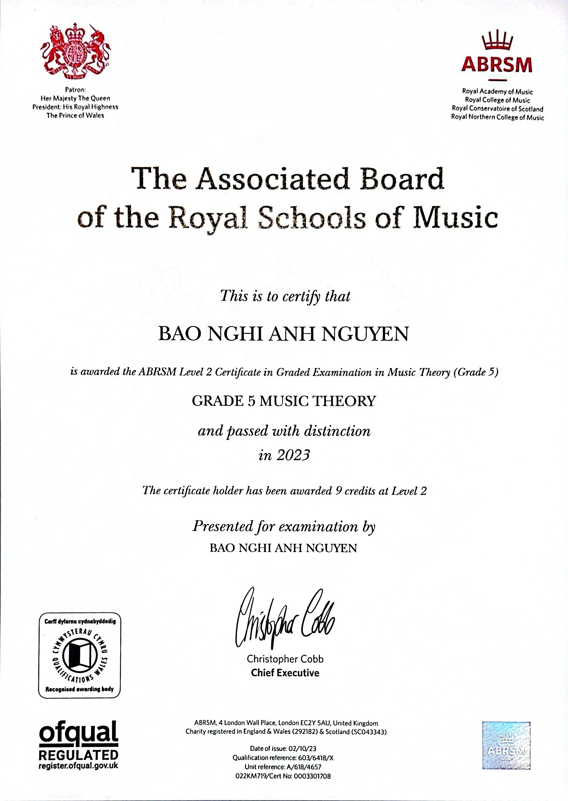 ABRSM Grade 5 Theory – Distinction (2023)