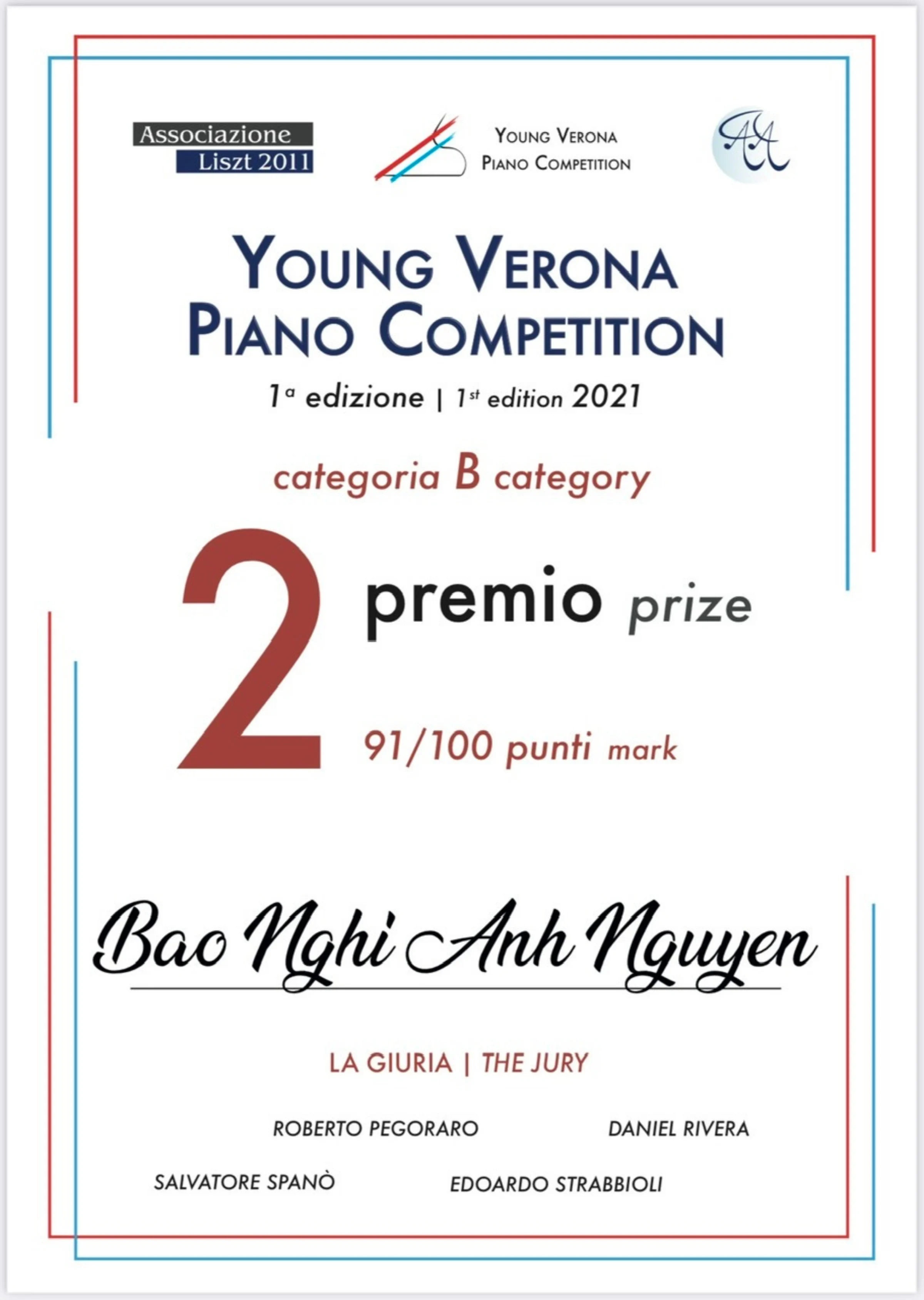 Second Prize Category B in the Young Verona Piano Competition 2021